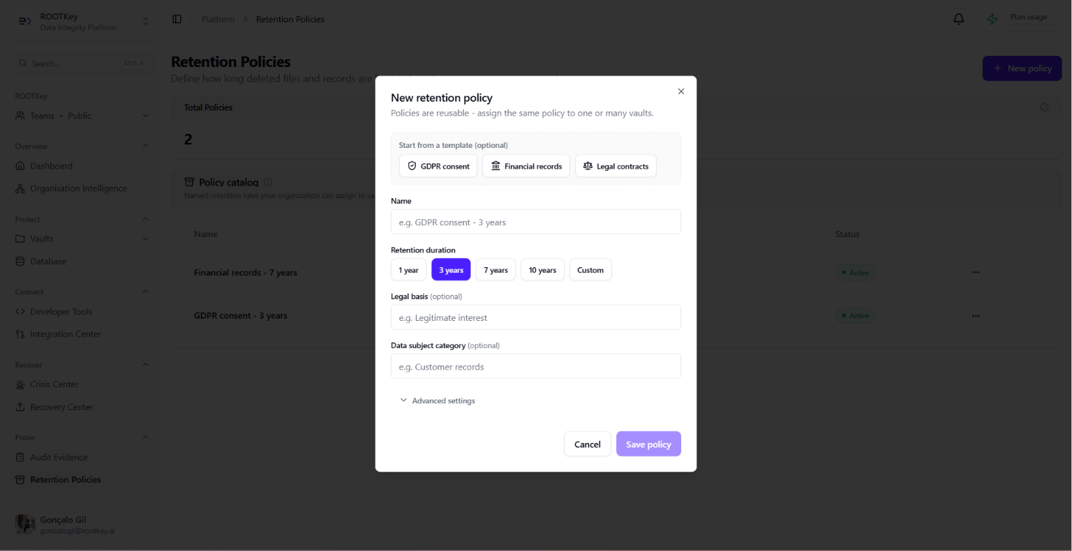 Automated Retention Policies Page