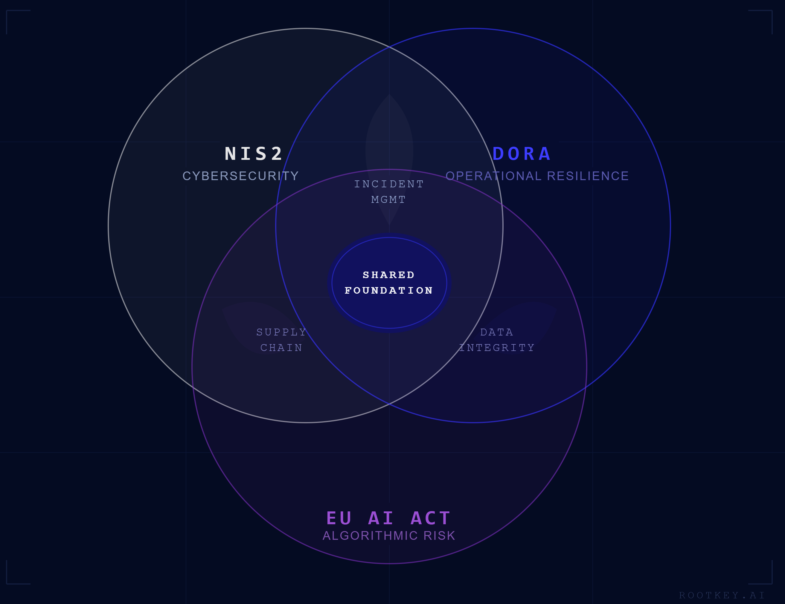 Three-way Venn diagram showing shared compliance requirements across NIS2, DORA, and EU AI Act